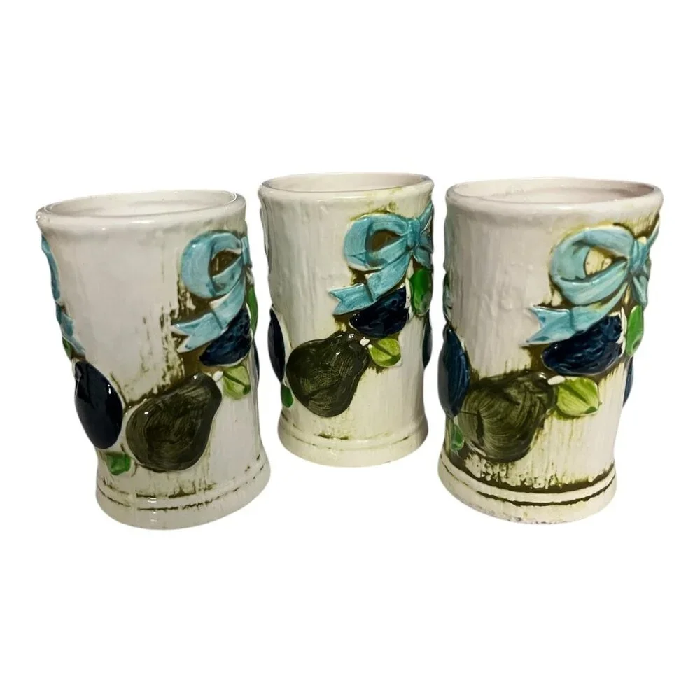 Set of 3 Vintage Napco Ceramic Tumblers C-8265 – Blue Bow & Fruit Design – Japan